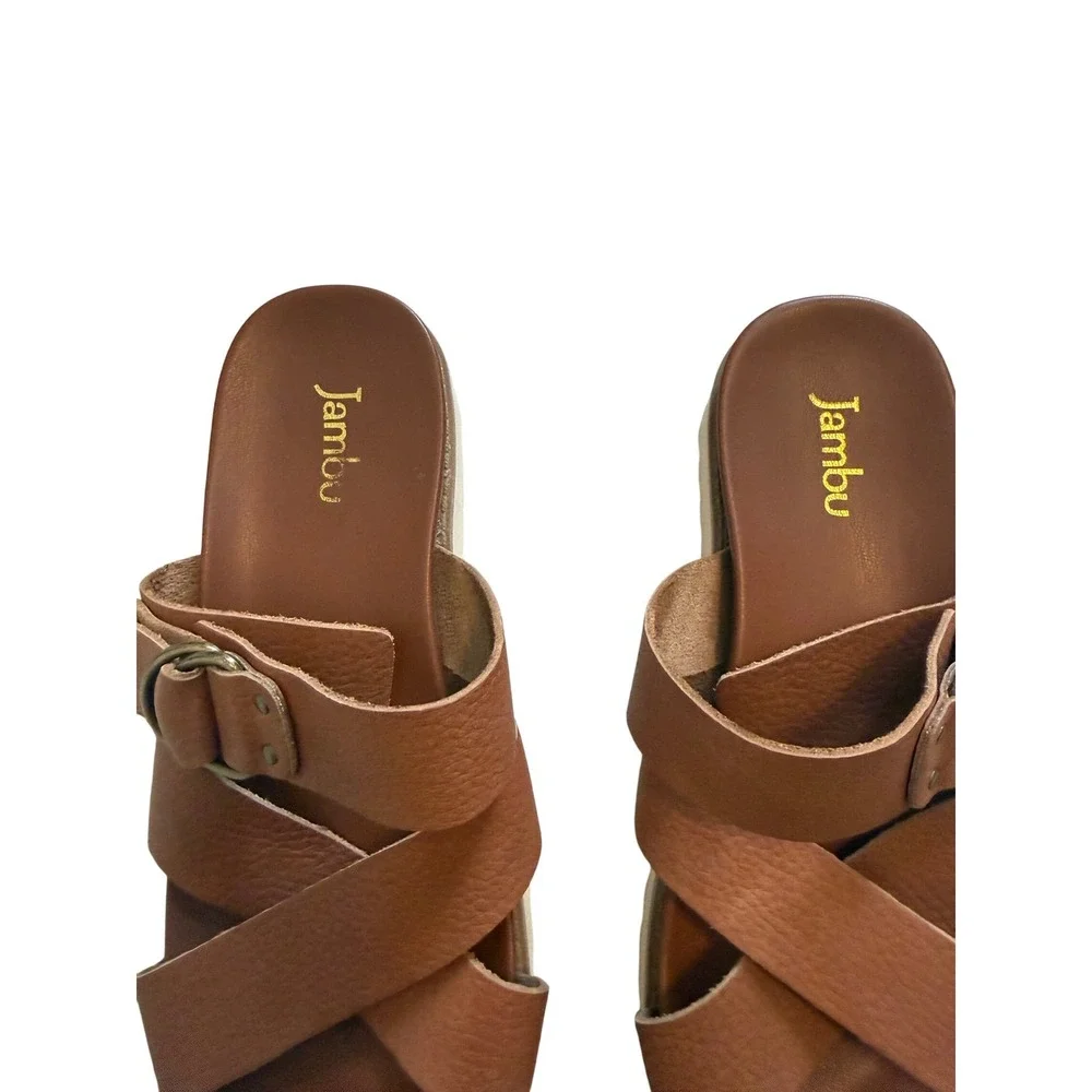 Jambu Brown Leather Platform Sandals Sz 7.5-8‎ Crisscross Buckle-Pre-Loved